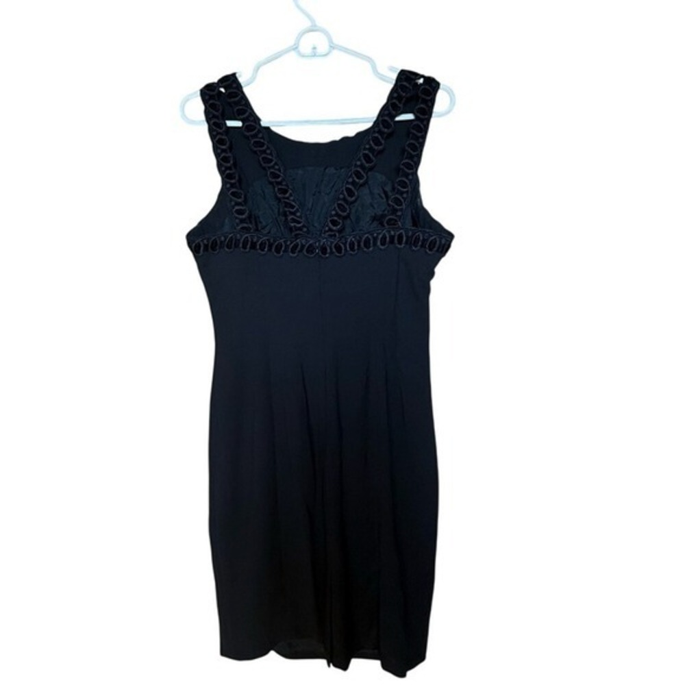 Pat Argenti Evening Wear Black Sheath Dress‎ Embroidered Trim Open Back Size 6